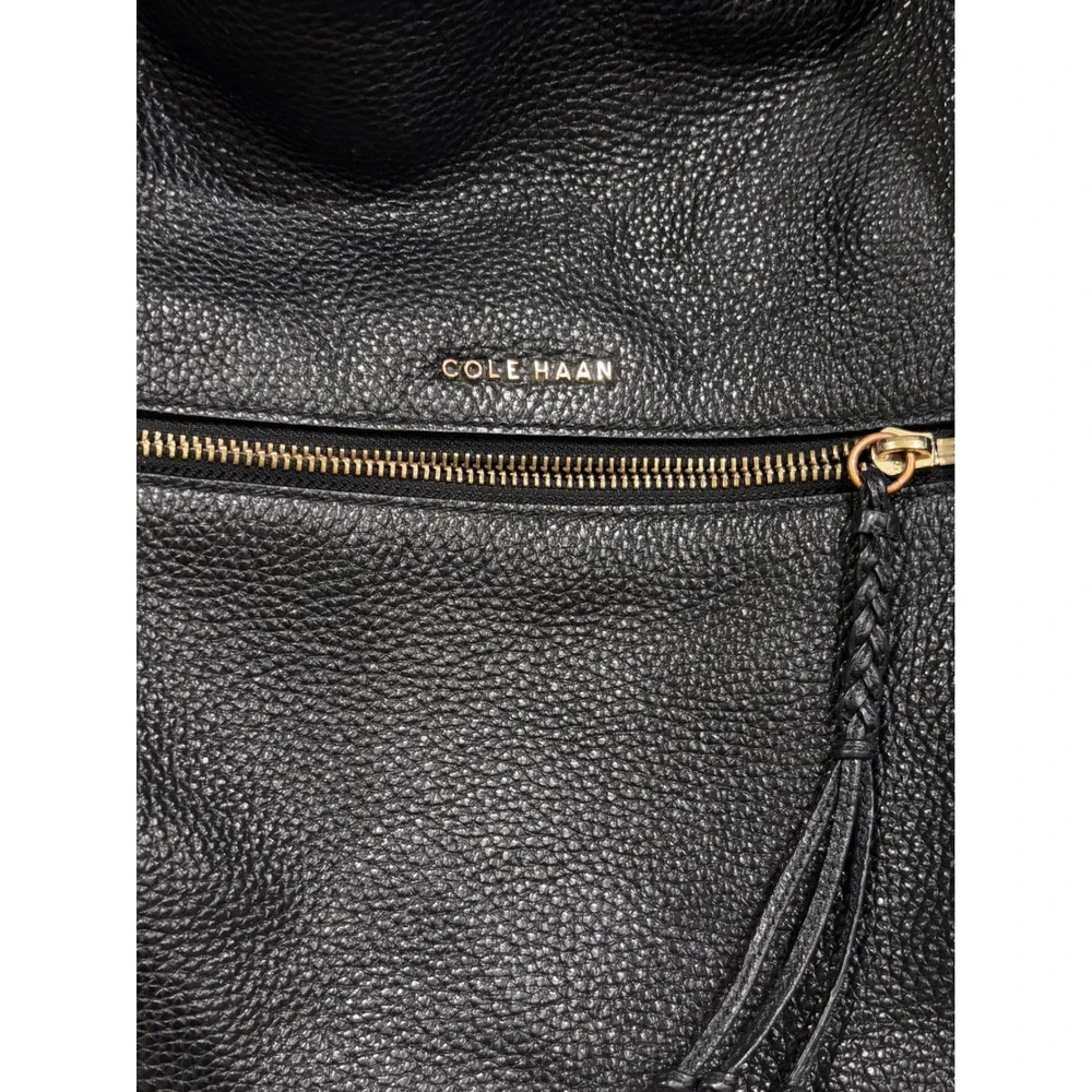 Cole Haan Black Pebbled Leather Hobo Shoulder Bag Gold Hardware Tassel Zip